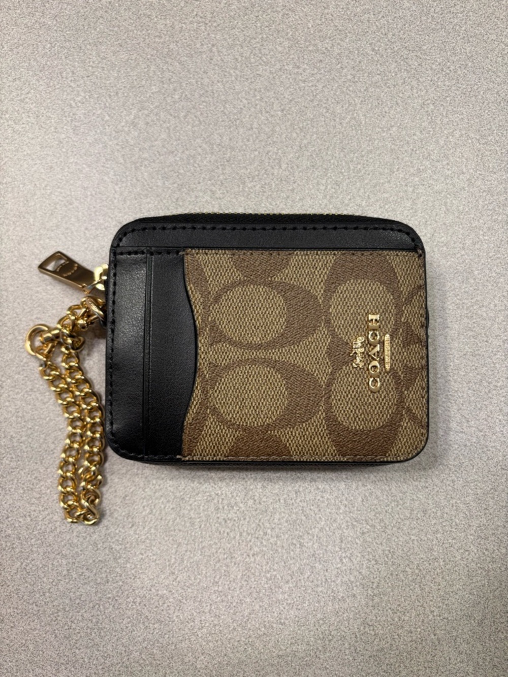 Coach Brown Signature Canvas Card Case with Black Trim and Gold Chain